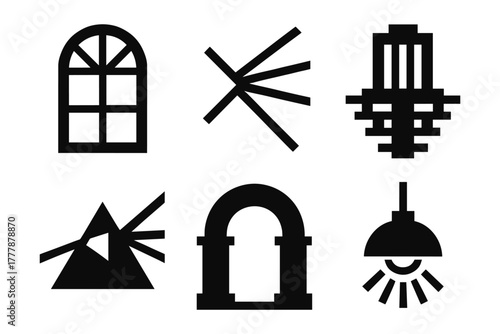 Modern minimalist icons of windows and lighting fixtures in bold silhouette style