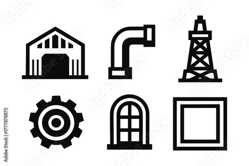 Industrial icons set: factory, gear, pipe, oil rig, window, frame in bold minimalist style