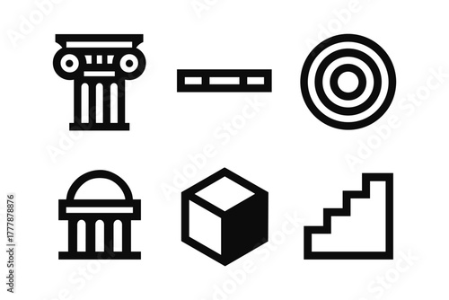 Minimalist geometric symbols set: columns, target, cube, and more in bold linear style