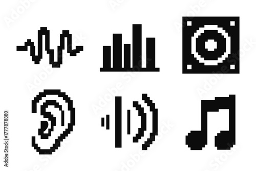 Pixel art sound icons collection: music and audio symbols