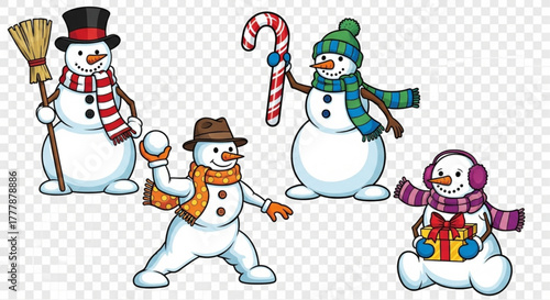 A whimsical group of snowmen engaged in winter activities, filled with holiday spirit and festive cheer. vector illustration
