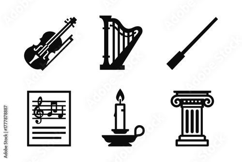 Classic music and culture icons: violin, harp, baton, music sheet, candle, column