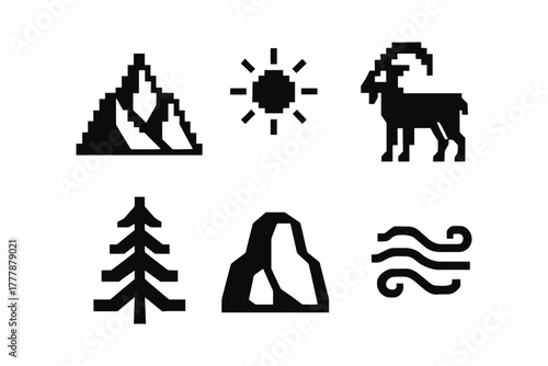 Minimalist pixel nature icons featuring mountain, sun, goat, tree, rock, and wind elements