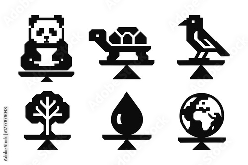 Monochrome wildlife and nature balancing symbols: panda, turtle, bird, tree, water, earth