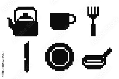 Retro pixel art kitchen set with teapot, cup, fork, knife, plate, and pan