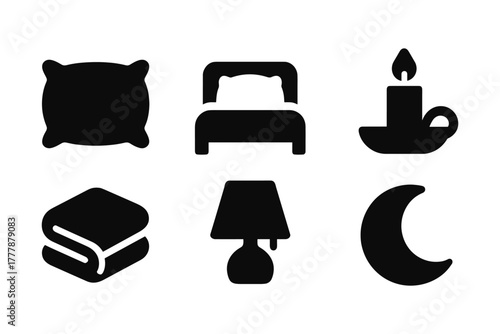 Silhouette icons of bedtime essentials: pillow, bed, candle, books, lamp, moon