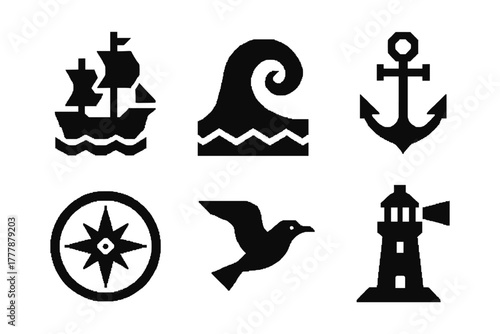 Nautical silhouette icons: ship, wave, anchor, compass, seagull, lighthouse