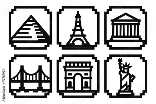 Iconic monuments in pixel art: global landmarks in simple black and white design