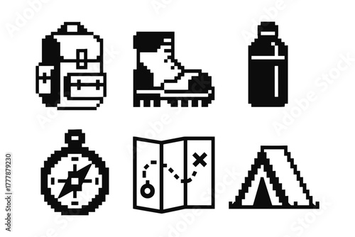 Retro camping icons in pixel art style: backpack, boot, water bottle, compass, map, tent