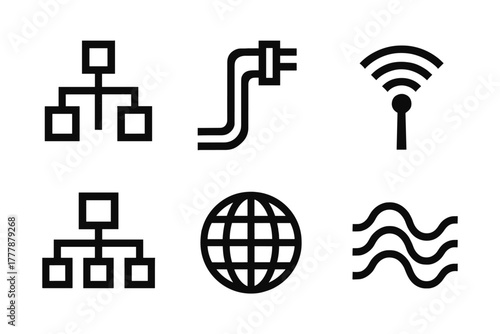 Network and connectivity icons set with technology symbols in minimalist black style