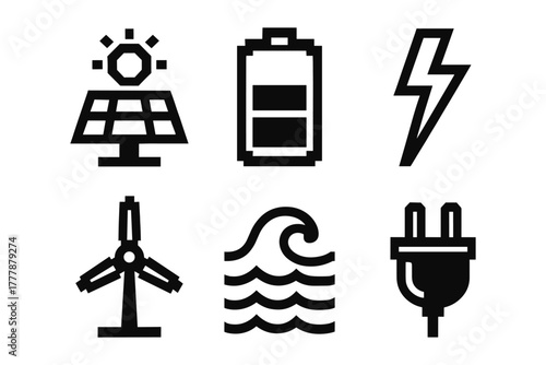 Modern energy icons set: solar, battery, lightning, wind, wave, plug in bold black style