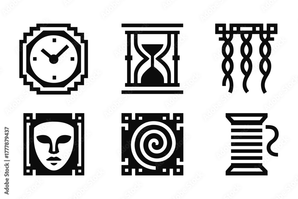 Fototapeta premium Geometric minimalist icons featuring clock, hourglass, mask, and scroll designs