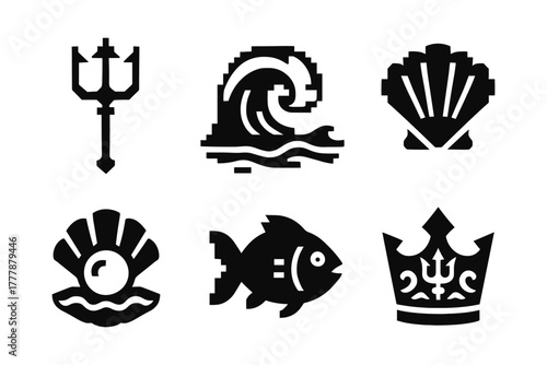 Black silhouette maritime icons set with trident, wave, shell, fish, and crown