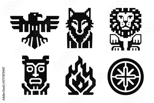 Geometric animal and symbol icons in monochrome tribal style