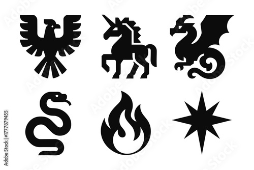 Mythical creature silhouettes: dragon, unicorn, phoenix, and more