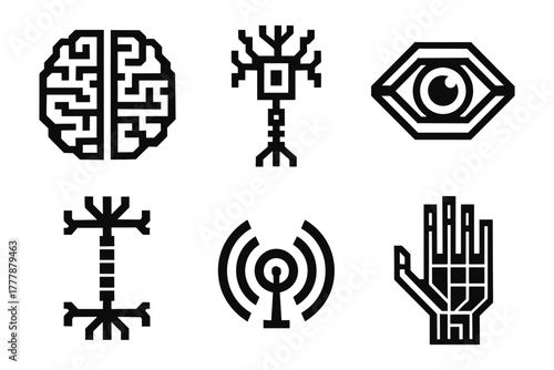 Futuristic neural network icons: minimalist brain, eye, hand, and signal designs