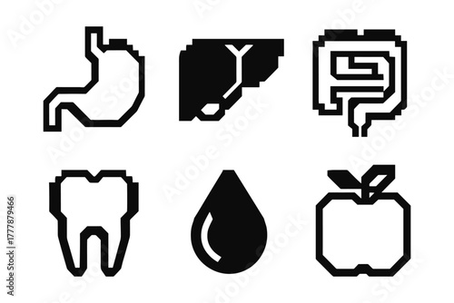 Pixel art health icons set: stomach, liver, intestines, tooth, drop, apple