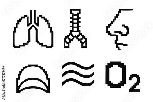 Pixel art respiratory system icons: lungs, trachea, nose, air mask, waves, oxygen