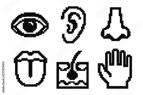 Pixel art icons of human senses: eye, ear, nose, mouth, skin, hand