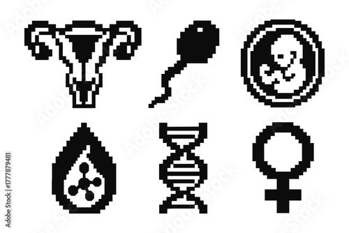 Retro pixel icons of reproductive health: uterus, sperm, fetus, blood, dna, female symbol
