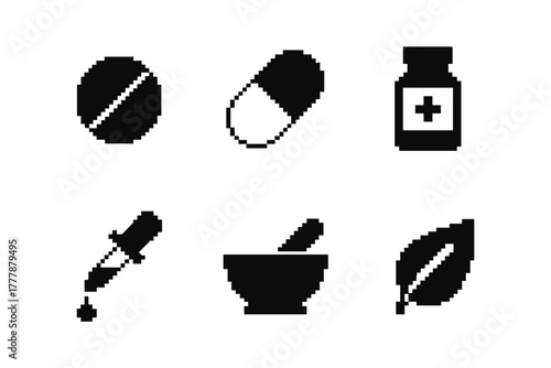 Pixel art healthcare icons: medical pill bottle mortar leaf dropper