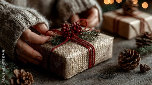 Rustic Christmas gift wrapped in burlap with pine cones.

Cozy winter holiday gift wrapping with natural decor