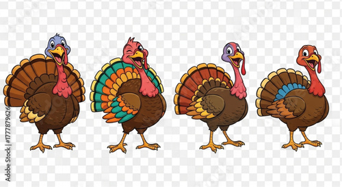 A group of colorful cartoon turkeys gathered, full of character and charm, each one showcasing a unique blend of vibrant feathers and playful personalities.  vector illustration