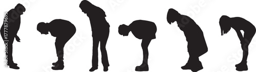 vector,  silhouette of side view of group of women leaning forward and looking at the ground
