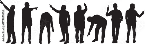 vector,vector,   silhouette of various poses of a group of men pointing fingers everywhere down, center and up