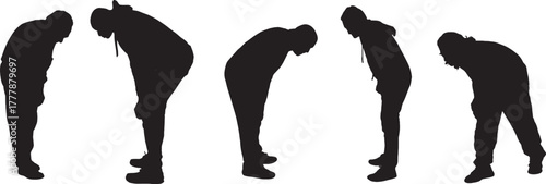 vector,  silhouette of side view of group of men leaning forward and looking at the ground