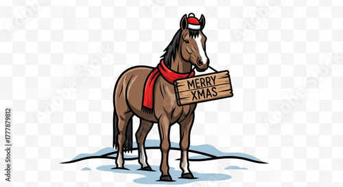 A festive horse, adorned with a Christmas hat and scarf, carries a 'Merry Xmas' sign. A heart-warming cartoon illustration. vector illustration