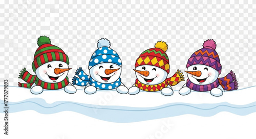 Four charming snowmen adorned in festive winter attire, cheerfully peeking over a snow-covered landscape. A delightful illustration of winter joy. vector illustration