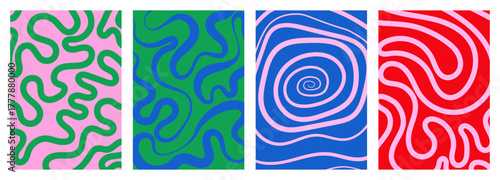 Set of abstract backgrounds with groovy, psychedelic pattern, wavy curve, organic shapes, fluid texture and spiral line. Vector design templates for banner, poster, card in bright colors.