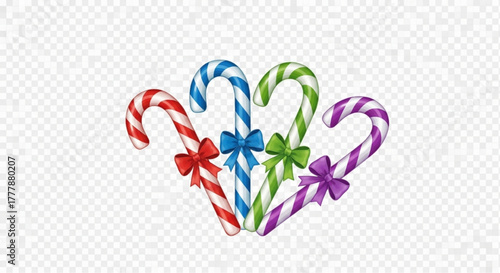 Festive candy canes adorned with colorful bows, arranged in a vibrant holiday display. capturing a sense of childlike wonder and seasonal joy. vector illustration
