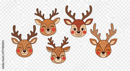 A collection of adorable cartoon deer heads with distinct antlers and cheerful expressions. This image would be excellent for holiday cards. vector illustration
