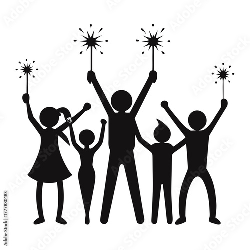 Diverse group of people celebrating with sparklers raised high in the air isolated on white background