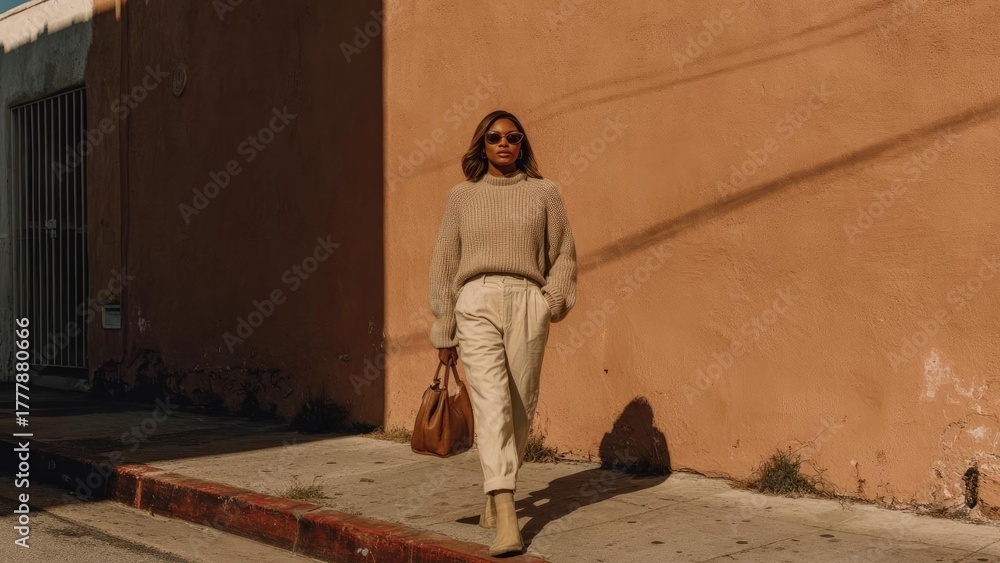 Fototapeta premium A woman in a beige knitted sweater and light pants walks along a peach wall, carrying a brown bag and wearing sunglasses. Concept Casual Street Style, Beige Knitwear, Peach Wall Backdrop