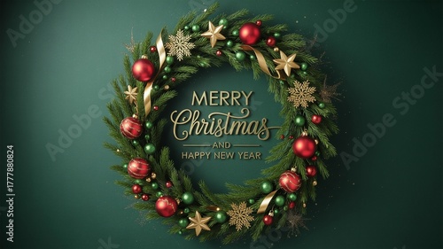 Christmas Wreath Decoration with Red Ornaments, Gold Stars, and Typography on Dark Teal Background for Elegant Holiday Greeting Card
