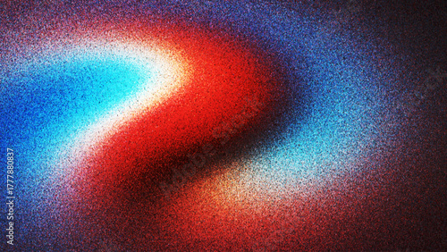Smooth grainy gradient background in glowing red and blue tones created from thousands of individual dots. Fine film grain texture creates dreamy analog feeling and adds nostalgic touch for trendy art