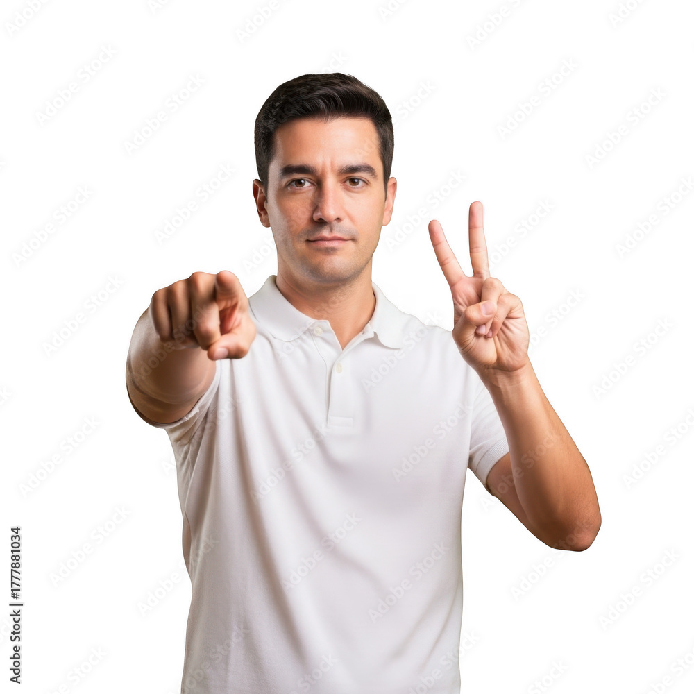 Fototapeta premium A confident man wearing a white polo shirt points forward with one hand and displays a victory sign with the other isolated on transparent background