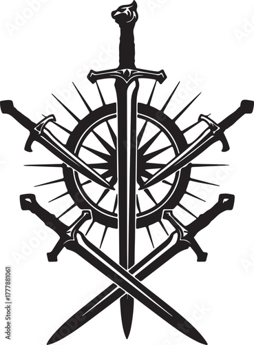 Black Silhouette of a Compass Rose with Crossed Swords and Sunburst Rays Keywords: silhouette, compass, rose, sword, crossed, weapon, medieval, fantasy, emblem, also transparent background