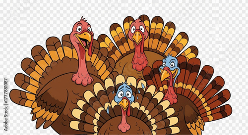 A gathering of vibrant turkeys, each displaying unique expressions and striking plumage. capturing a whimsical portrait of poultry personalities. vector illustration