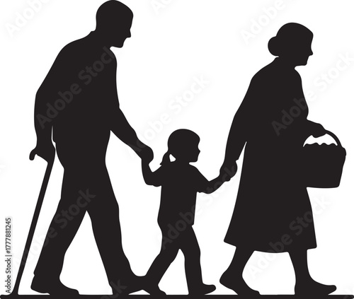 Silhouette of a family walking together with a child in the middle on a white background Keywords: family, silhouette, walking, child, grandparents, man, woman, girl, also transparent background