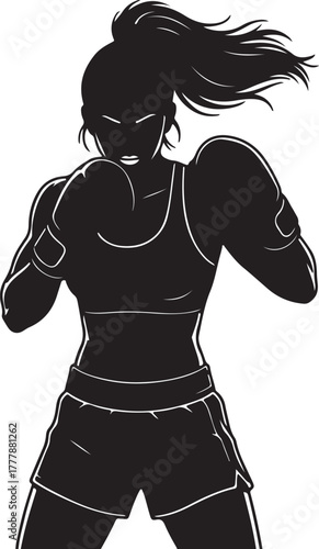 Silhouette of a Female Boxer in Fighting Stance with Boxing Gloves and Ponytail athletic woman also transparent background