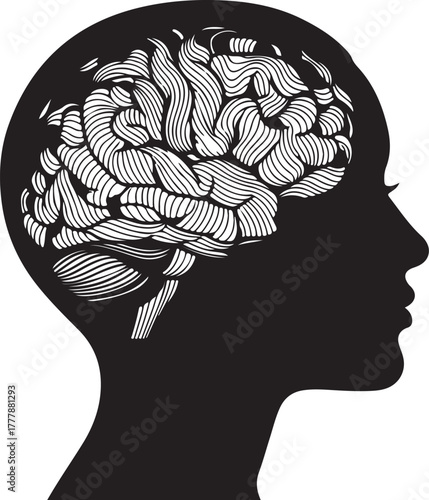 Silhouette of a human head with a detailed brain illustration inside mind also transparent background