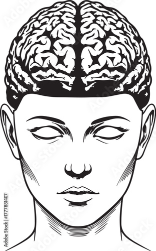 Stylized Black and White Illustration of a Human Brain and Female Face head also transparent background