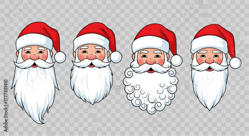 Four festive Santa Claus faces with iconic red hats, long white beards, and cheerful expressions, ready to spread holiday joy. vector illustration
