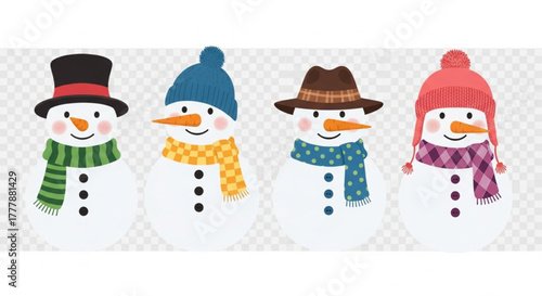 Festive snowmen, each adorned with a unique hat and scarf, stand together, embodying the joy and cheer of the holiday season, with carrot noses and button smiles. vector illustration