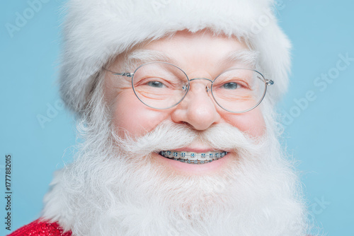 Jolly santa claus smiling, sporting blue suspenders, representing dental wellness during holiday celebrations
