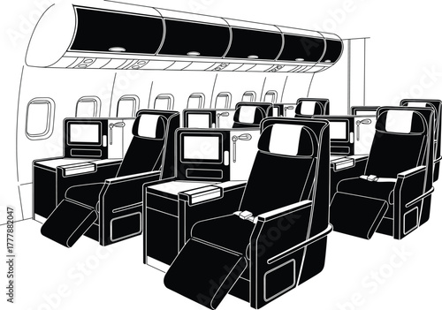 Airplane cabin interior with seats and screens passenger, airplane, cabin, interior, seats, passenger, travel, aviation, transportation, aircraft, luxury, business class, first class, reclining, comfo